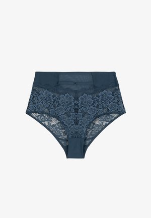 Culotte taille haute bleu marine avec un motif floral en dentelle complexe à l'avant, tissu lisse à l'arrière et accents en mesh.