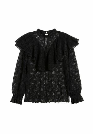 Blouse en dentelle noire avec un col haut, des épaules froncées, des manches longues avec des poignets froncés et un détail en trou de serrure au dos.