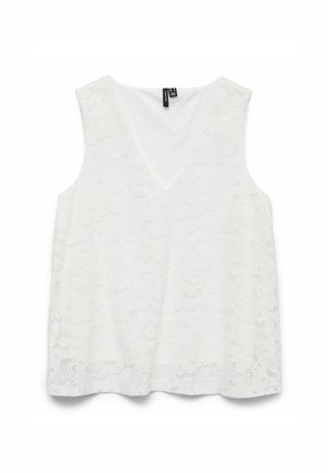 Hvid ærmeløs top med V-hals design, lavet af blonde med blomster mønstre og en glat indvendig foring. Blød tekstur, lagdelt udseende.