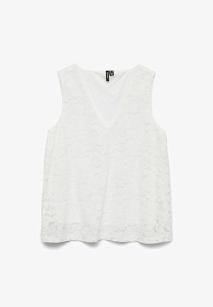 Hvid ærmeløs top med V-hals design, lavet af blonde med blomster mønstre og en glat indvendig foring. Blød tekstur, lagdelt udseende.