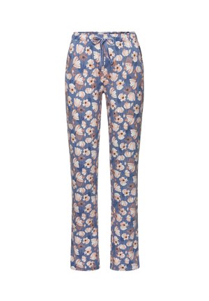 Floral Schlafanzughosen in Blau mit einem Drawstring-Bund, langen geraden Beinen und einem Muster aus weißen und pinken Blumen.