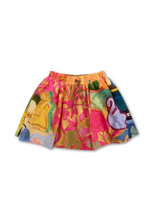 Heldere kleurrijke rok met elastische taille, met abstracte bloemmotieven, een geel figuur en een witte zwaan op verschillende achtergrondkleuren.