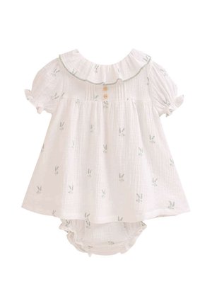 Weißes Baumwollkleid für Babys mit kurzen Puffärmeln, Rüschensaum und grünem Hasenmotiv. Mit Knöpfen am Rücken und passenden Unterhosen.