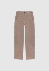 Gestreifte Hose in Braun und Creme, mit geradem Beinschnitt, Fronttaschen und einem Knopfverschluss an der Taille.