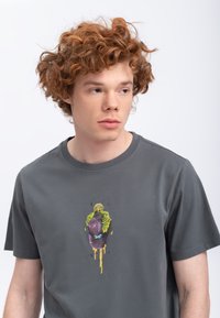 Grijze katoenen t-shirt met een kleurrijk grafisch ontwerp van een insect met groene accenten en een levendige achtergrond, korte mouwen, ronde halslijn.