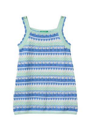 Vestido sin mangas de punto con rayas horizontales en azul, blanco y verde claro y bordes con volantes en las tiras.
