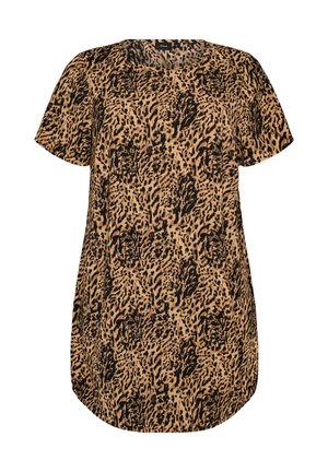 Kurzärmliges Kleid mit lockerem Sitz und braunem sowie schwarzem Leopardenmuster, ausgestattet mit einem runden Ausschnitt.