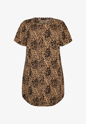 Lühikeste varrukatega kleit, millel on lahtine lõige ja pruunide ning mustade leopardi-printidega muster, ümara kaelusega.
