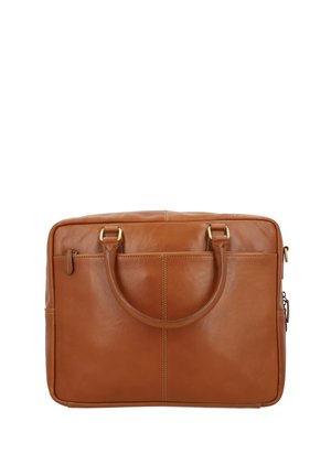 Brun læder laptopstaske med to top håndtag, lynlåslukning og kontrasterende syninger. Har et slankt, rektangulært design og en sidelomme.