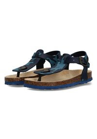 Blå camo-sandaler med korksål, sorte remme og spænde. Har design med tåpost og tekstureret gummisål.