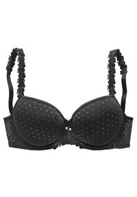 Zwarte bh met stippenfolie, gewatteerde cups, gerimpelde bandjes en florale kantaccenten. Bevat twee pareldetails in het midden.