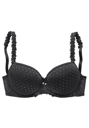 Schwarzer BH aus gepunktetem Mesh, mit gepolsterten Cups, Rüschenträgern und floralen Spitzenakzenten. Verfügt über zwei Perlendetails in der Mitte.