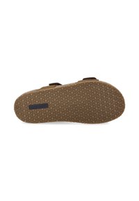 Brown sandal with two adjustable straps, rubber sole featuring a textured pattern, and a small logo label on the side.