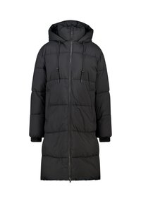 Black puffer coat with a hood, featuring a full front zipper, drawstring collar, and ribbed cuffs. Contains quilted padding for warmth.