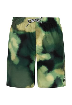 Heren zwemshort met groen en geel camouflagepatroon, elastische taille en zwart-witte veter.