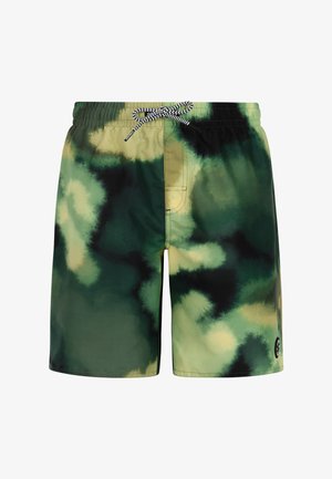 Heren zwemshort met groen en geel camouflagepatroon, elastische taille en zwart-witte veter.