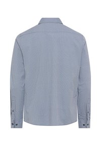 Camicia a maniche lunghe con motivo a spina di pesce blu e bianco. Presenta un collo con abbottonatura e chiusure a bottone sui polsini. Tessuto morbido.