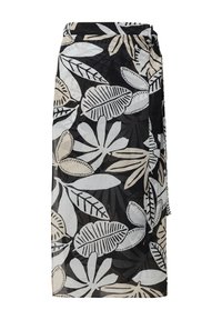 Zwart-witte wikkelrok met een tropisch bladerenpatroon. Gemaakt van lichte stof; voorzien van een striksluiting en een vloeiende vormgeving.