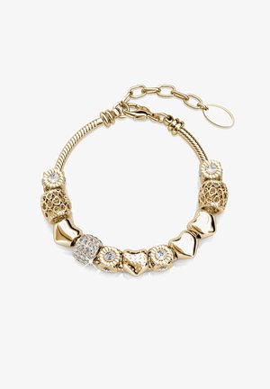 Gouden armband met gestructureerde en gepolijste kralen, waaronder harten en fonkelende accenten, met een kettingverlenging voor verstelbare lengte.