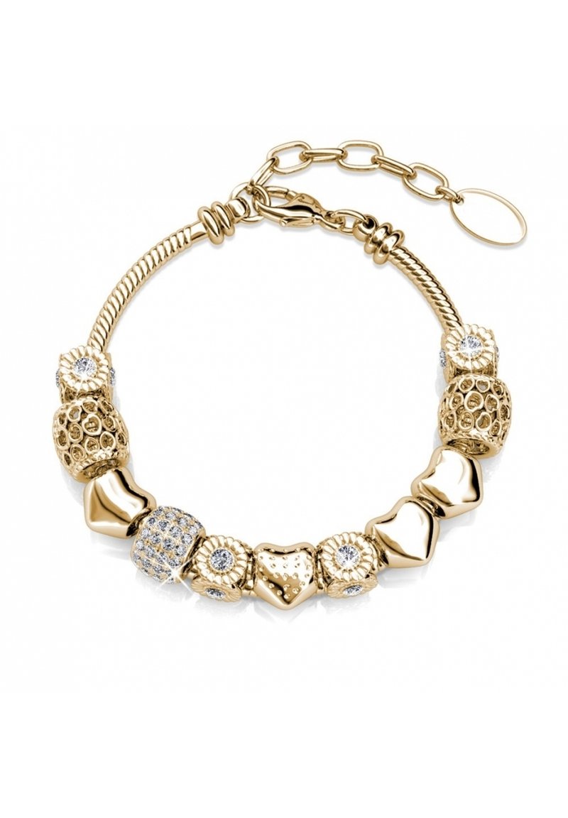 Bracciale in oro con perle texture e lucide, inclusi cuori e dettagli scintillanti, con estensione a catena per lunghezza regolabile.
