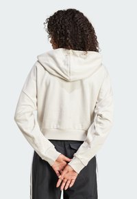 Cropped hoodie in light beige fabric, featuring a drawstring hood, ribbed hem, and wide sleeves. Back view shows smooth texture and relaxed fit.