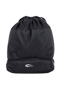Drawstring backpack in black hexagonal pattern fabric, featuring a white logo at the bottom and a zippered compartment for storage.