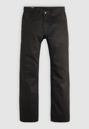 Schwarze gerade geschnittene Hose mit einem Frontknopf und Reißverschluss, Gürtelschlaufen und fünf Taschen im Design vor hellem Hintergrund.