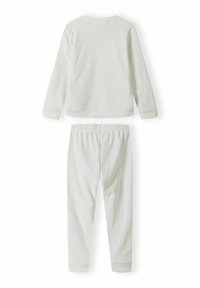 Ensemble côtelé gris clair comprenant un haut à manches longues avec des motifs d'étoiles et un pantalon assorti avec une ceinture élastique. Matière douce et texturée.