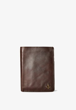 Brown leather wallet with a smooth texture, featuring a small anchor emblem on the bottom right corner and clean stitching around the edges.