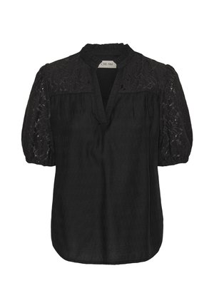 Sort bluse med tekstureret stof, blonde detaljer på ballonærmerne, mandarin-krave og en afslappet pasform med V-hals.