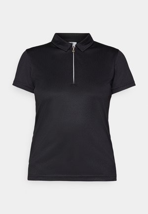 Zwarte polo met een halve ritssluiting, korte mouwen, voorzien van een gestructureerd patroon en een gestroomlijnd kraagontwerp.