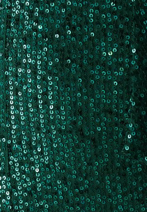Žalias blizgučių audinys, kuriame maži, apvalūs blizgučiai yra išdėstyti arti vienas kito, sukuriantys tekstūruotą paviršių su blizgančiu efektu.