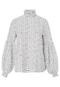 Biała bluzka z długim rękawem i stójką. Posiada czarny kursywny napis oraz rozsypane czerwone serca. Bufiaste rękawy z dopasowanymi mankietami.