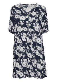 Námořnické a bílé šaty s krátkými rukávy, výstřihem do V, kovovými knoflíky a rozšířenou sukní zdobenou květinovým potiskem a texturovanou tkaninou.