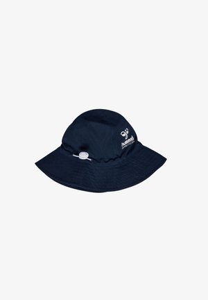 Chapeau seau bleu marine en tissu léger. Doté d'une large bordure, d'une sangle réglable et d'un logo imprimé à l'avant.