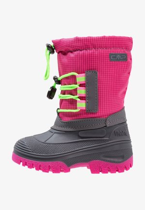 Kinderen winterlaarzen met bovenkant van roze stof, grijze rubberen onderkant, helderroze profielzool en felgroene trekkoordsluiting.