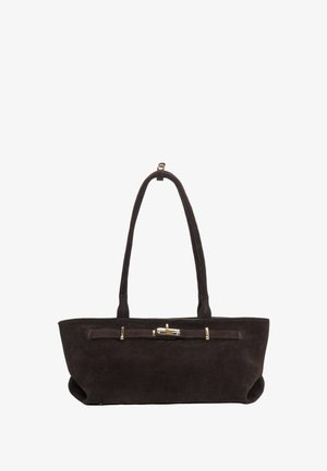 Bruine suède totebag met een rechthoekige vorm, twee schouderbanden en gouden hardware. Soepele textuur met een minimalistisch ontwerp.