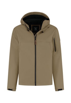 Beige waterdichte jas met een capuchon, vooraan met ritssluiting en met een ritszakken aan de zijkanten. Heeft verstelbare trekkoorden en een gestructureerd oppervlak.