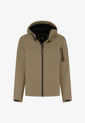 Beige waterdichte jas met een capuchon, vooraan met ritssluiting en met een ritszakken aan de zijkanten. Heeft verstelbare trekkoorden en een gestructureerd oppervlak.