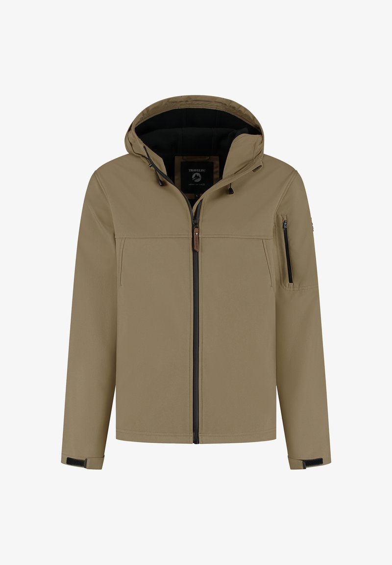 Beige waterdichte jas met een capuchon, vooraan met ritssluiting en met een ritszakken aan de zijkanten. Heeft verstelbare trekkoorden en een gestructureerd oppervlak.