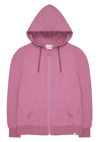 Felpa con cappuccio rosa, dotata di zip frontale, coulisse e due tasche laterali. Realizzata in tessuto morbido, presenta una superficie liscia e polsini a coste.