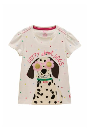 Children’s white t-shirt with multicolored dots, featuring a Dalmatian dog wearing pink flower sunglasses and the text "DOTTY about DOGS."