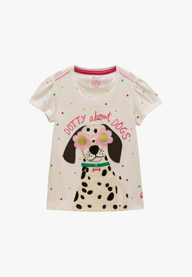 T-shirt blanc pour enfants avec des pois multicolores, illustrant un chien dalmatien portant des lunettes de soleil à fleurs roses et le texte "Fou des CHIENS à pois."