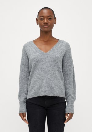 Gray knitted sweater with a V-neck, long sleeves, and a relaxed fit. Features ribbed cuff and hem details.