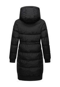 Black puffer coat featuring a hood, vertical quilted design, ribbed cuffs, and a mid-length cut. Smooth texture, minimalist style.