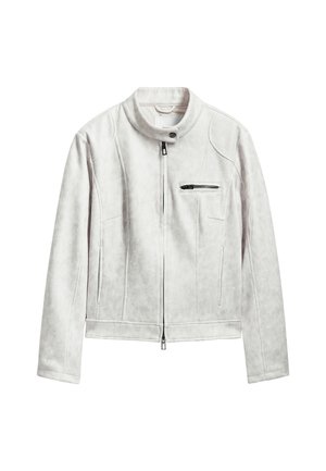 Light grey faux suede jacket with a stand-up collar, front zipper, and a zipped chest pocket. Features quilted texture and fitted silhouette.