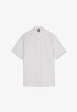 Camicia a maniche corte con bottoni, sottili righe verticali grigie, taschino sul petto e colletto classico su sfondo bianco.