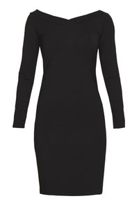 Långärmad, off-the-shoulder svart klänning i ett mjukt tyg; figurnära silhuett med V-ringning och knälång f åll.