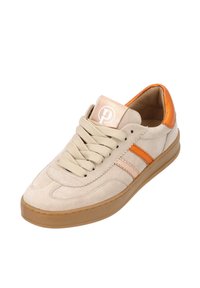 Beige mockaskon med orange detaljer, rund tå och krämfärgade snören. Har en gummisula och en logotyp på tungan.