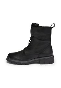Black leather ankle boot with chunky sole, side zipper, round toe, and pull tab at the back, shown in profile on a white background.